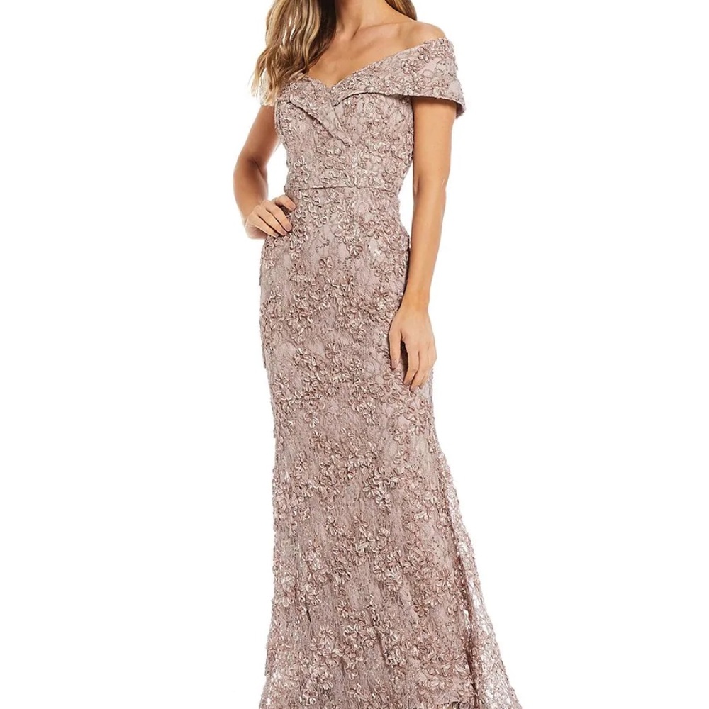Xscape Off-Shoulder Lace Gown in Taupe